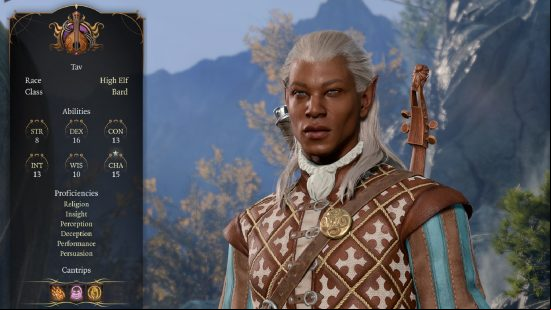 Baldur's Gate 3 Elf: an Elven male with grey long hair and a lute strapped to his back.
