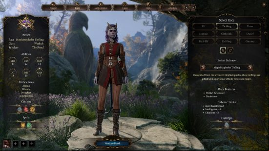 Baldur's Gate 3 Warlock build: a purple skinned female with horns and urple hair.