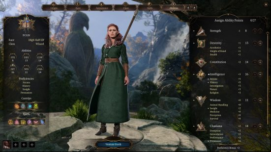 Baldur's Gate 3 Wizard build: a woman with pointed ears, dressed in a green robe with a staff on her back.