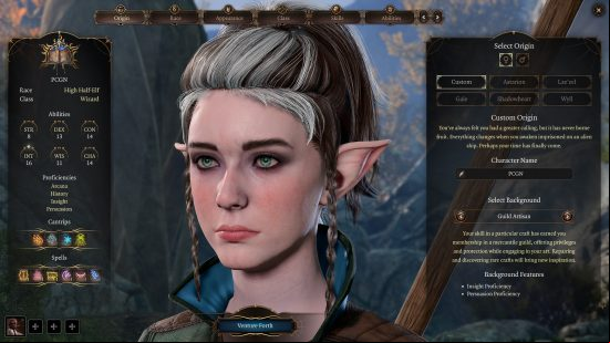 Baldur's Gate 3 Wizard build: a woman with pointed ears, dressed in a green robe with a staff on her back.