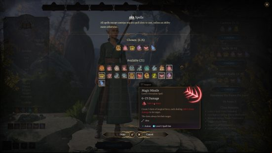 Baldur's Gate 3 Wizard build: a dark screen with small colour icons, each donating a different magical spell.