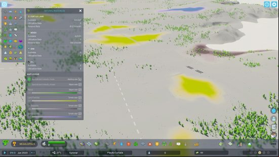 Cities Skylines 2 money: glowing spots in the landscape showing the location of natural resources.