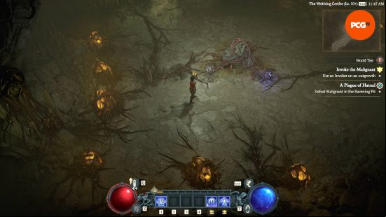 The Sorceress has come across an Outgrowth at the end of a dungeon, which has two Diablo 4 Malignant Hearts inside.