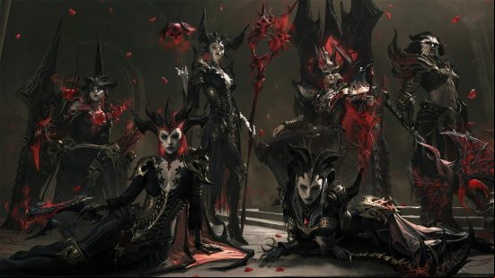 A collection of warriors in black armor with red helmets with huge curved horns stand together looking down at the camera, some lying on the floor