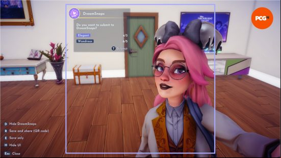 A potential entry for Dreamlight Valley DreamSnaps, showing the requirements and how many have been met, as a pink-haired character stands in an elegantly decorated room.