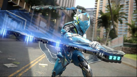 Exoprimal best settings: an Exosuit wielding twin blades.