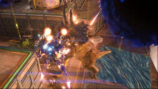 Exoprimal Savage Gauntlet - a flying Exosuit unleashes a barrage of missiles towards a giant Triceratops.