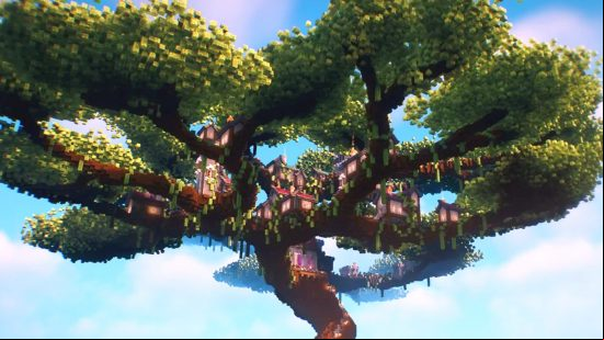 A Minecraft village build in a giant custom tree, one of the best Minecraft ideas we've seen.