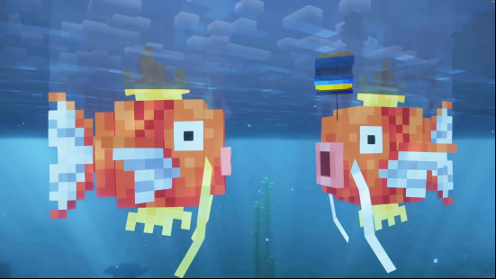 Two pixelated Magikarp float underwater in Cobblemon, one of the best Pokemon Minecraft mods.
