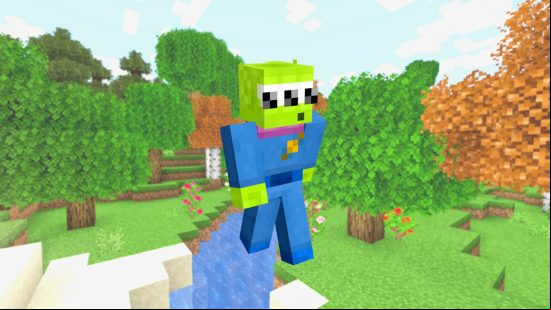A Toy Story little Green man Minecraft skin on the backdrop of some colorful Minecraft trees.