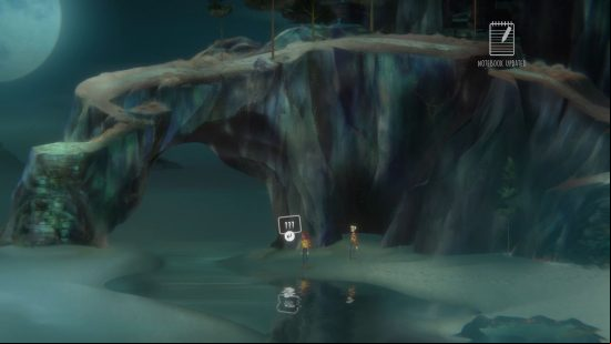 Jacob and Riley stand at the shoreline of a small river flowing up the beach from between a horseshoe-shaped rock structure, near one of the Oxenfree 2 letter locations.