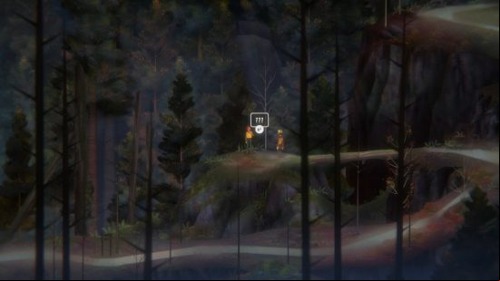 Jacob and RIley stand on a weathered boulder with a fallen log connecting to the main path, near one of the Oxenfree 2 letter locations.