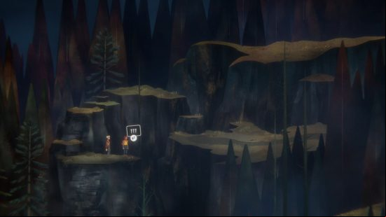 Jacob and Riley stand in a gloomy area of an enclosed forest, near one of the Oxenfree 2 letter locations.