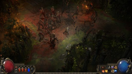 Path of Exile 2 - a Huntress stands amid a horde of skeletal enemies in a dank cavern.