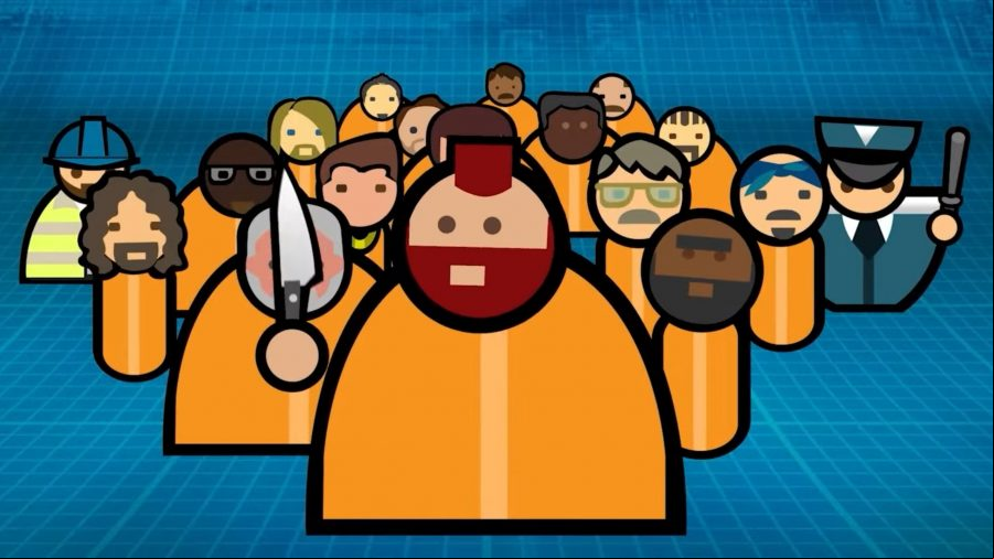 Prison Architect - a group of inmates in orange overalls, flanked by a prison guard and a builder.