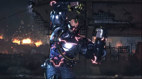 Tekken 8 tier list: Jack-8 is flexing as if he had muscles while a ruined building is on fire behind him.