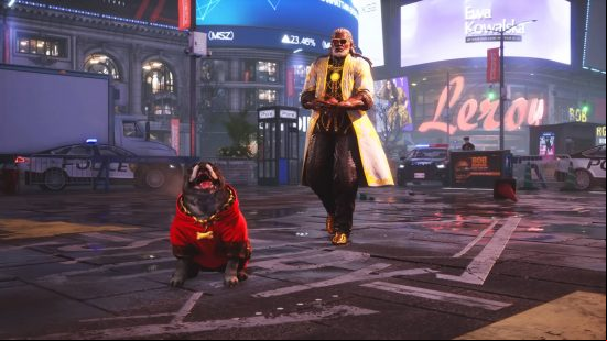 Tekken 8 tier list: Leroy is walking through the streets of Time Square with his American Bulldog ahead of him.
