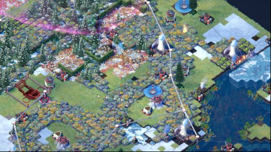 The best relaxing games - Terra Nil map snowing, transformed landscape