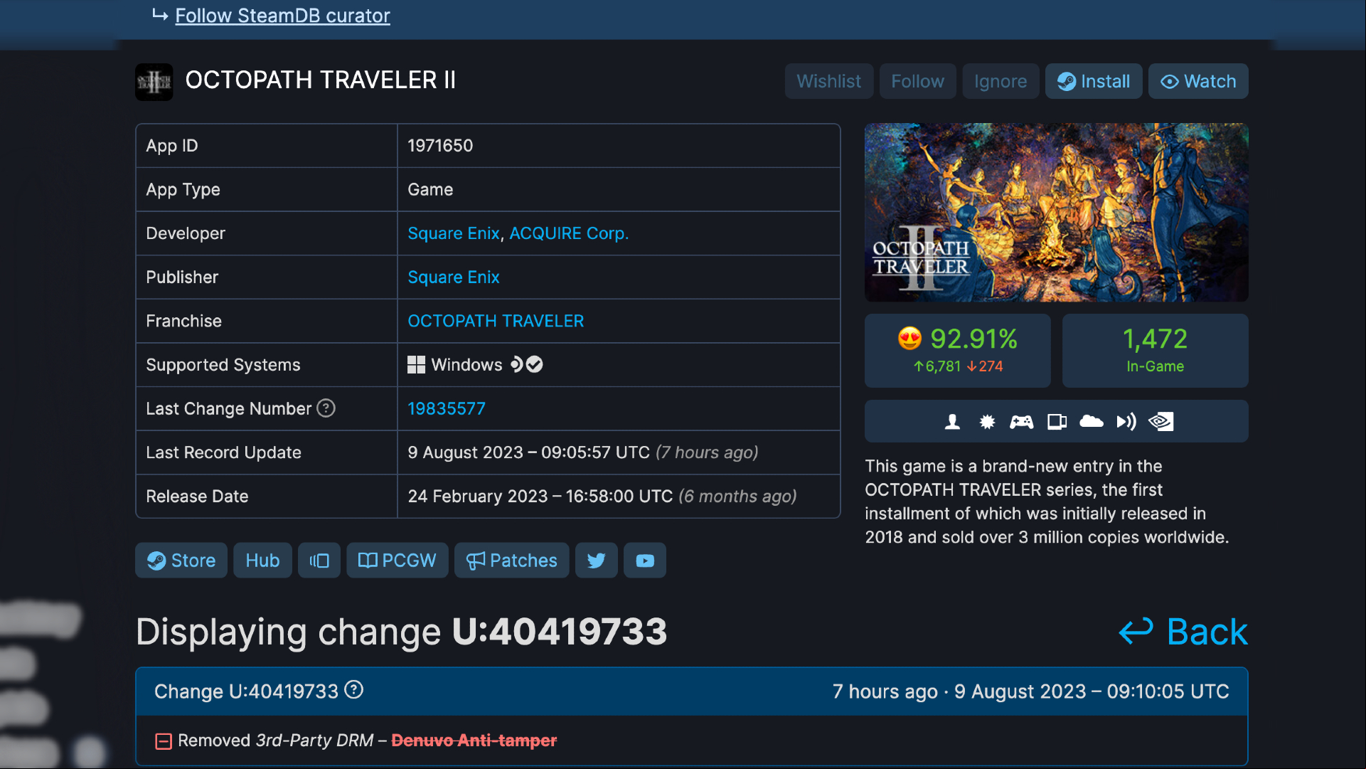 A screenshot of Steam's database site showing that Octopatch Traveler 2 removed Denuvo