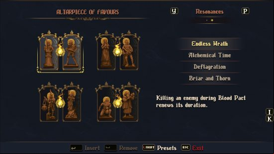 The best Blasphemous 2 resonances as they appear in the Altarpiece of Favours, with a burning essence indicating their unlocked power.