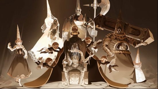 Blasphemous 2 review: The rogues gallery of Blasphemous 2, a collection of largely humanoid bosses wielding axes, ceremonial pillars, and a biblical nail.