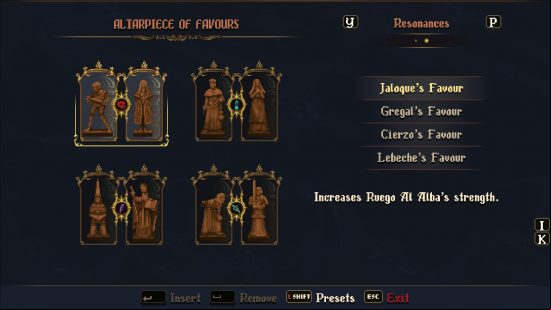 The Blasphemous 2 resonances denoted by type as displayed in the Altarpiece of Favours.