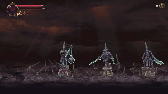 The initial location of the Blasphemous 2 weapons at the beginning of the Penitent One's journey, each one held in the hands of a statue.