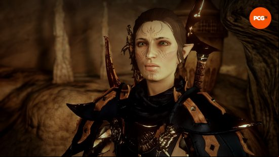 An elf with tattoos on her face and her hair tied back wearing heavy armor with two blades on her back stands in a dark cave