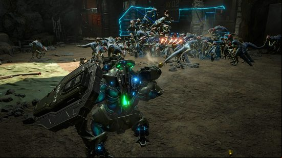 Exoprimal Title Update 1 - The Alpha Variant Roadblock deploys a shield to hold off a wave of dinosaurs.