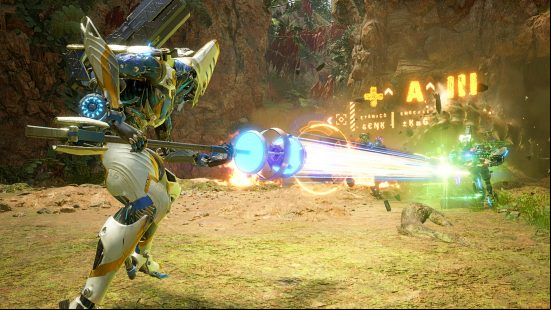 Exoprimal Title Update 1 - The Alpha Variant Witchdoctor fires a beam of energy at a dinosaur.