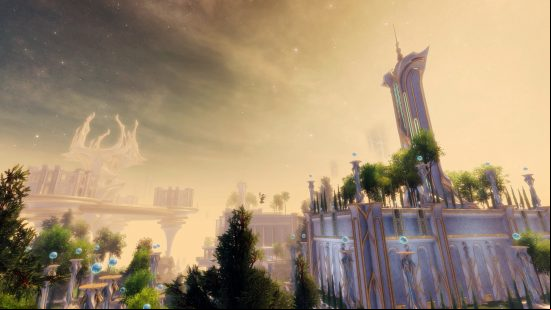 A beautiful city on top of a floating island with green trees and a golden sky