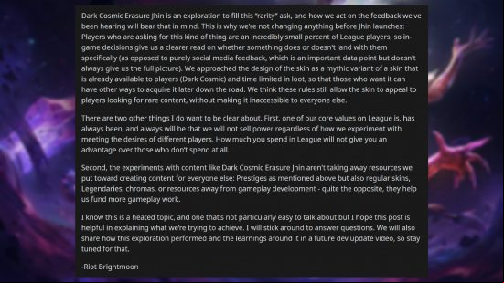 League of Legends $200 skin - Comment from Jeremy 'Brightmoon' Lee: "Dark Cosmic Erasure Jhin is an exploration to fill this 