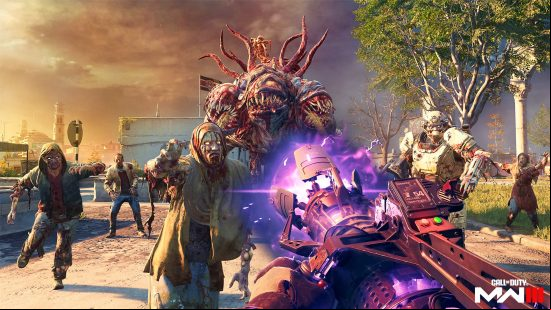 A player fires an electro-magnetic weapon at a large, zombified monster, and other zombies approach in MW3 Zombies mode.