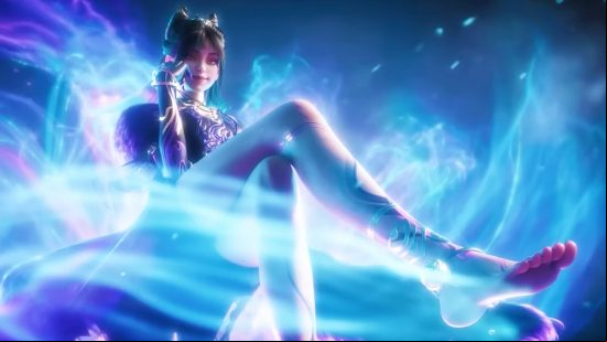 Naraka Bladepoint - Tessa reclines in the air, legs crossed, her fox spirit flying around her.
