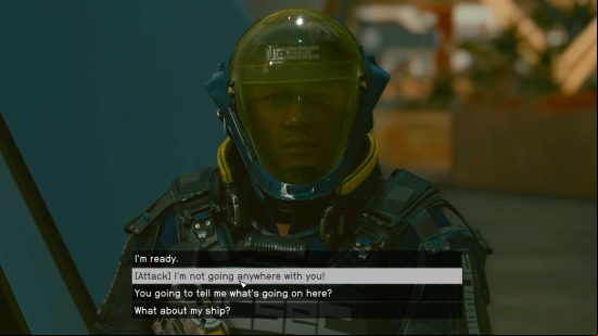 A UC officer questioning a player with a high Starfield bounty value.