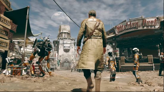 Starfield credits: an explorer in a trenchcoat is walking past the Hitching Post in Freetown.