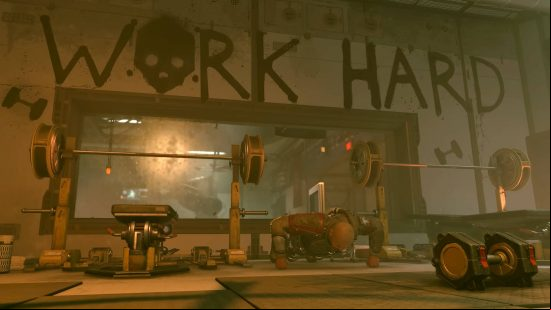 A Starfield Crimson Fleet pirate hard at work at the gym doing some push ups. Weights are behind him and graffiti saying "Work Hard" with a skull instead of the O is on the wall.