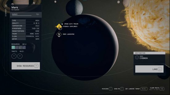 Using the Starfield fast travel feature to quickly move between planets.