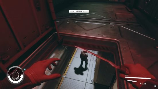 Starfield stealth build: a person hiding in a vent prepared to jump on their unsuspecting vicimt.
