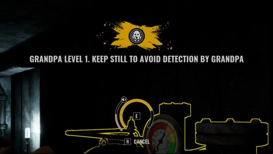 A screenshot from the Texas Chain Saw Massacre game showing the text "Keep still to avoid detection by Grandpa."
