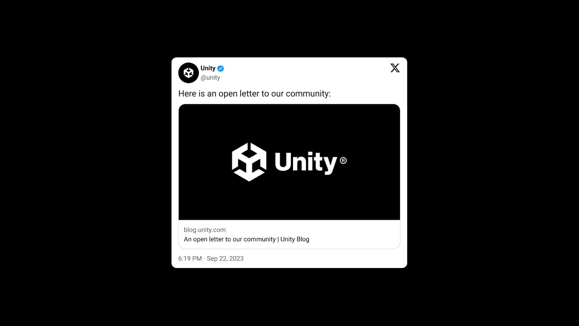 Unity's update post on Twitter detailing the changes to the controversial fee policy