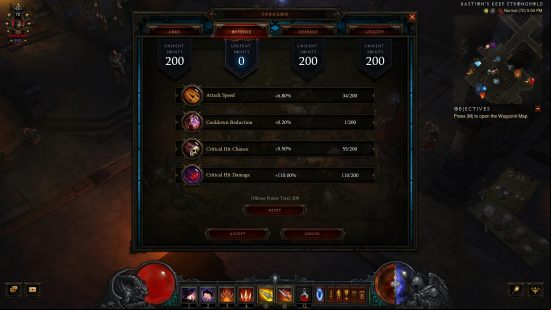 Diablo 3 Season 29 - The Paragon Points screen, with 200 available points for each of the four categories.