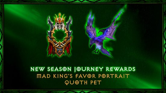 Diablo 3 Season 29 - Season journey rewards of a portrait frame and a raven-like pet.