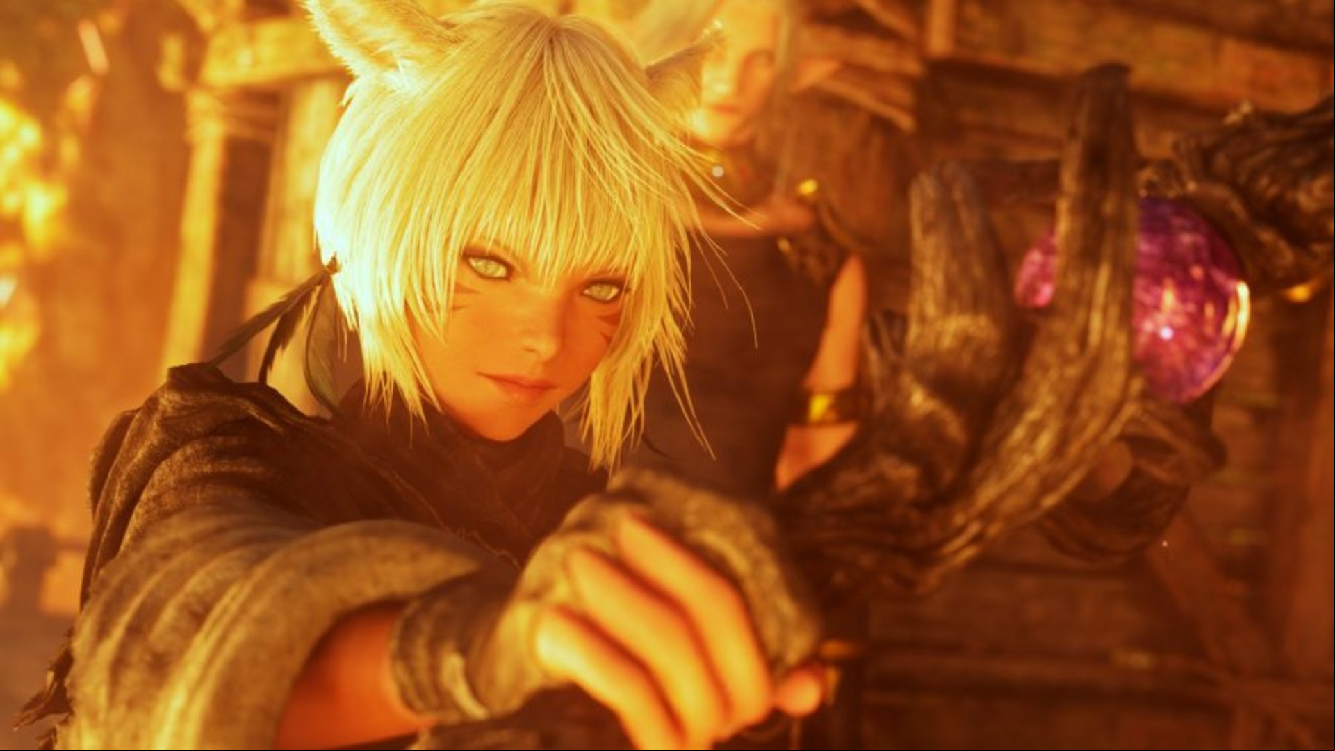 Best free PC games: a character with white hair and pointed ears holds on to a rock in Final Fantasy 14