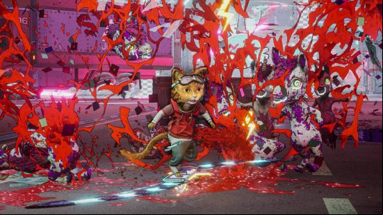 A small ginger cat stands in a wave of cartoon blood as bits of frenzied unicorn fly around it on a street corner