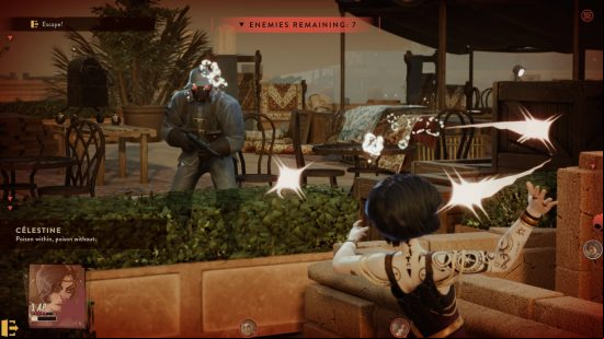 The Lamplighters League review: a woman in a fetching cocktail dress throws a poisoned dagger at a uniformed soldier.