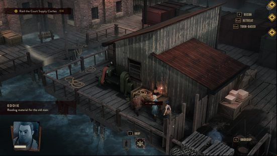 The Lamplighters League review: three secret agents sneak around a dock at dusk, attempting to remain hidden.