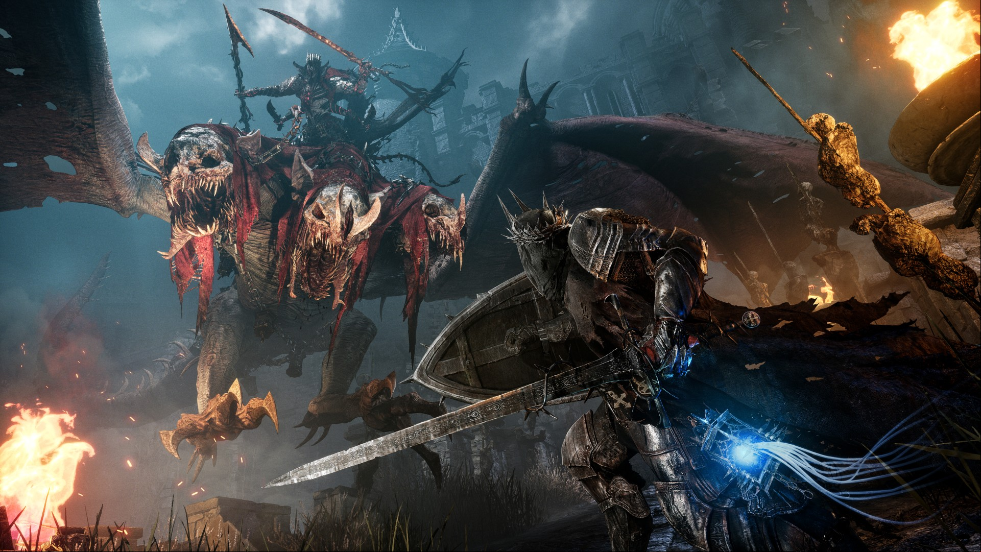 Lords of the Fallen Soulslike: A fantasy warrior with a sword battles a hideous beast in Soulslike RPG game Lords of the Fallen