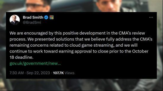 Microsoft Activision Blizzard acquisition - Statement from Microsoft vice chair and president Brad Smith: "We are encouraged by this positive development in the CMA