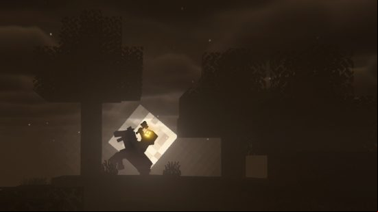 A Minecraft player wearing a jack-o-lantern on their head rides a horse in a gloomy, brown-tinted Minecraft scene in one of the best Minecraft shaders, Insanity Shader.